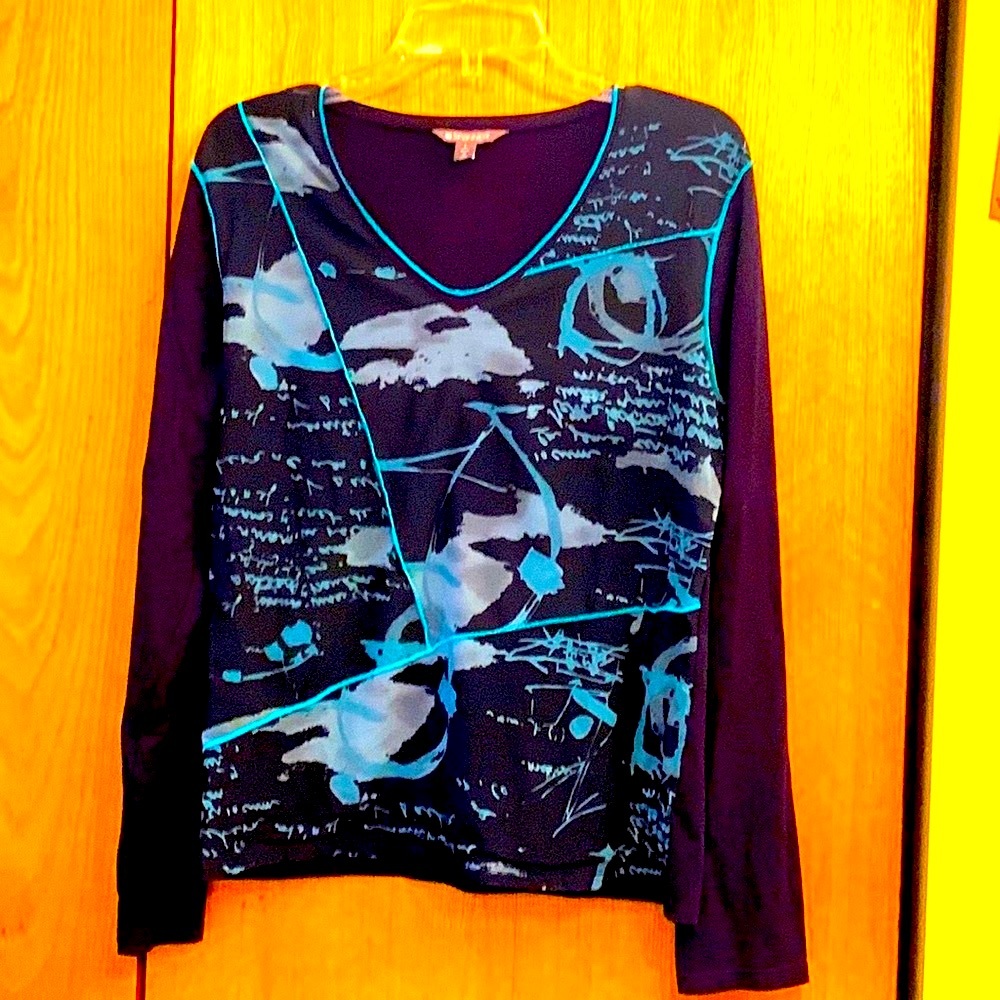 Spanner LARGE black v neck stretch LS tee shirt top blue mesh artsy design EUC